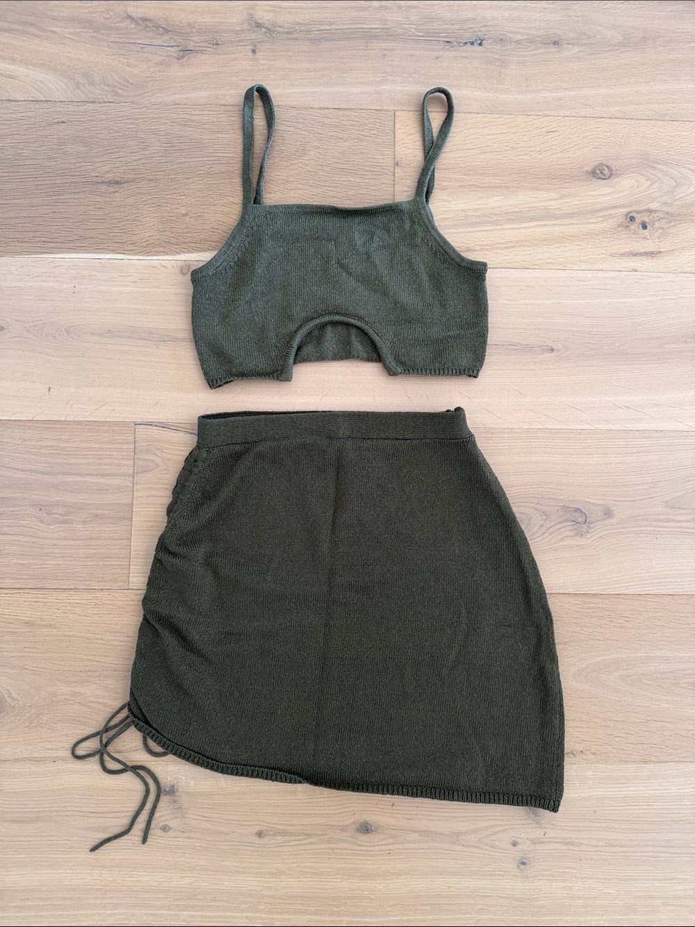 Olive Ribbed Drawstring Mini Skirt - Women's Knit Mini with matching top